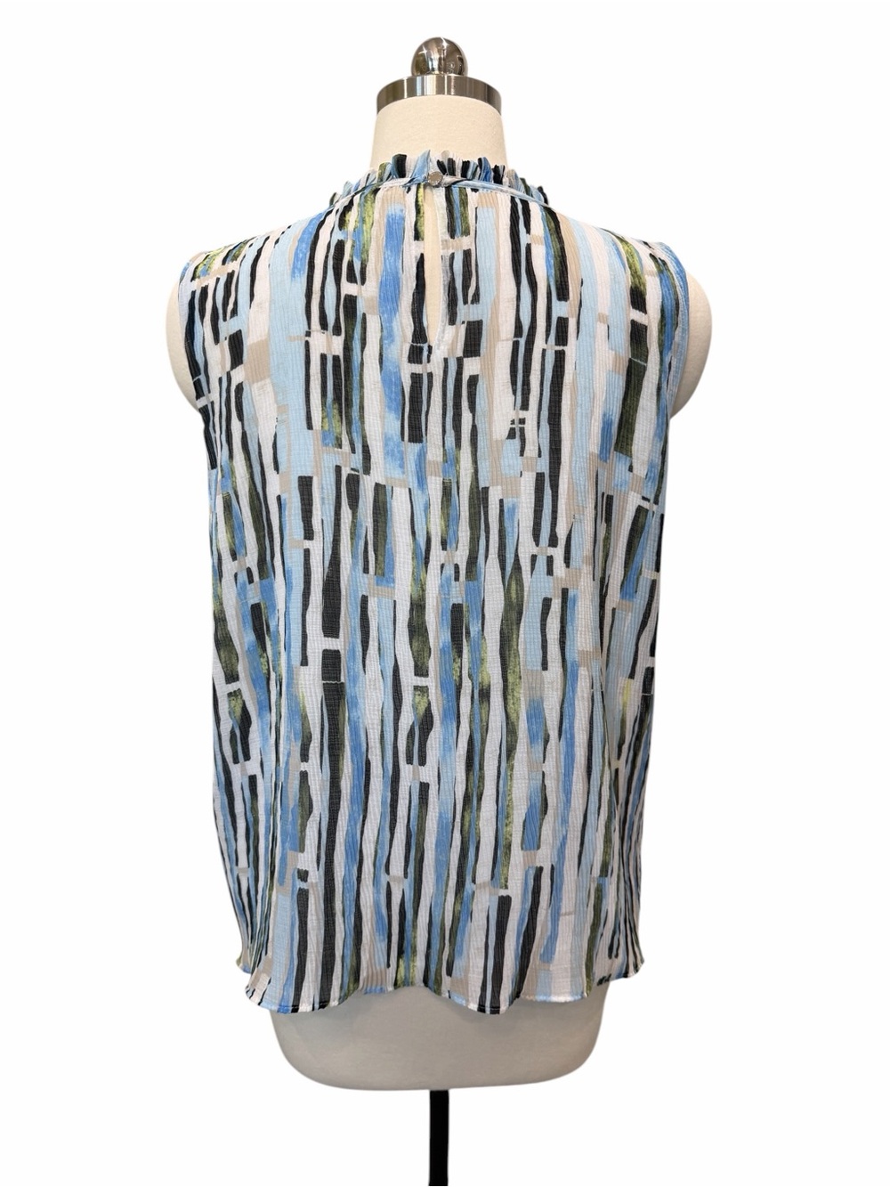 Calvin Klein Abstract Stripe Ruffle Neck Sleeveless Blouse Top Blue Green M NWT - Picture 6 of 15